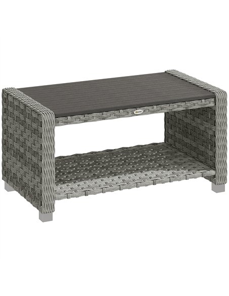 Outsunny Outdoor Coffee Table with Storage Shelf, PE Rattan Side Table with Slatted Top and Foot Pads, Grey - pic 179996 | FastDaddyshop
