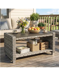 Outsunny Outdoor Coffee Table with Storage Shelf, PE Rattan Side Table with Slatted Top and Foot Pads, Grey 2