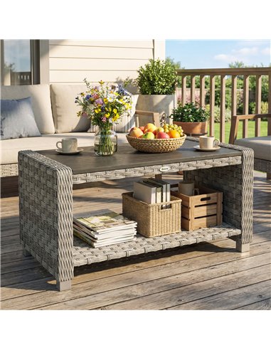 Outsunny Outdoor Coffee Table with Storage Shelf, PE Rattan Side Table with Slatted Top and Foot Pads, Grey
