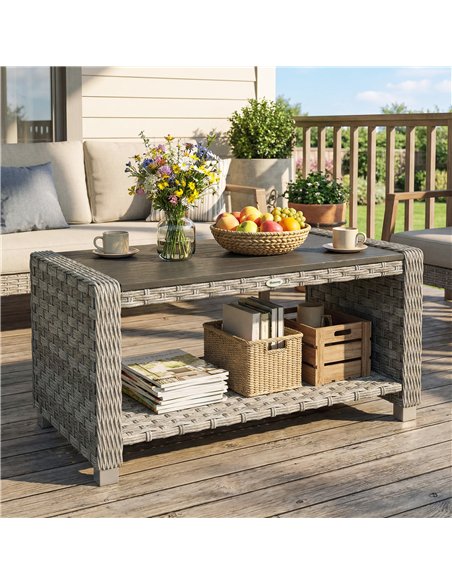 Outsunny Outdoor Coffee Table with Storage Shelf, PE Rattan Side Table with Slatted Top and Foot Pads, Grey - pic 179997 | FastDaddyshop