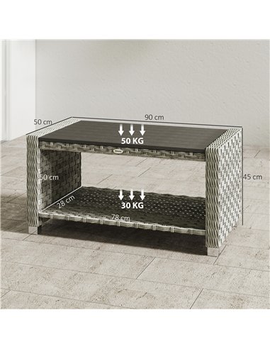 Outsunny Outdoor Coffee Table with Storage Shelf, PE Rattan Side Table with Slatted Top and Foot Pads, Grey
