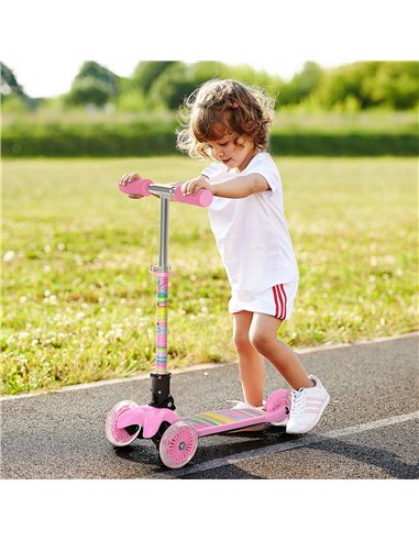 HOMCOM Kids Foldable Kick Scooter with 3 Flashing Wheels, Adjustable Height, for 3-8 Years, Pink