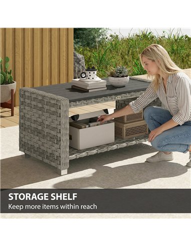 Outsunny Outdoor Coffee Table with Storage Shelf, PE Rattan Side Table with Slatted Top and Foot Pads, Grey