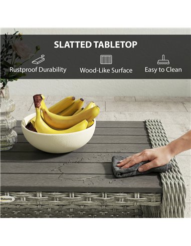 Outsunny Outdoor Coffee Table with Storage Shelf, PE Rattan Side Table with Slatted Top and Foot Pads, Grey