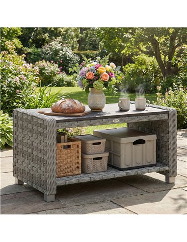 Outsunny Outdoor Coffee Table with Storage Shelf, PE Rattan Side Table with Slatted Top and Foot Pads, Grey