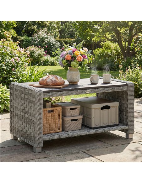 Outsunny Outdoor Coffee Table with Storage Shelf, PE Rattan Side Table with Slatted Top and Foot Pads, Grey - pic 180003 | FastDaddyshop