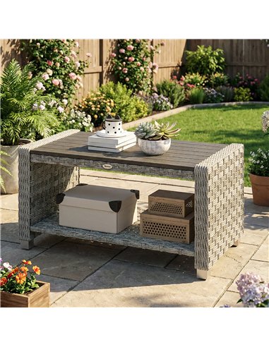Outsunny Outdoor Coffee Table with Storage Shelf, PE Rattan Side Table with Slatted Top and Foot Pads, Grey
