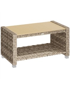 Outsunny Outdoor Coffee Table with Storage Shelf, PE Rattan Side Table with Slatted Top and Foot Pads, Light Brown
