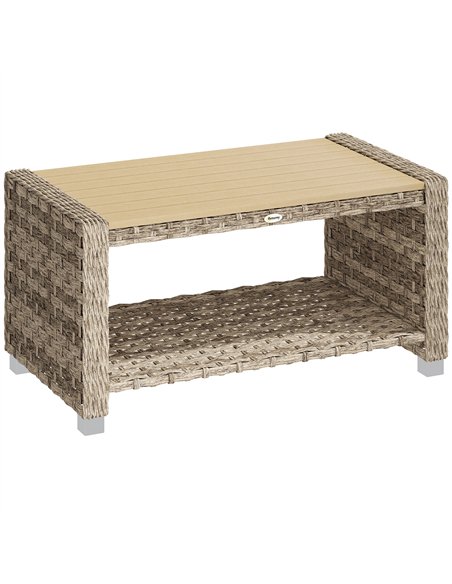 Outsunny Outdoor Coffee Table with Storage Shelf, PE Rattan Side Table with Slatted Top and Foot Pads, Light Brown - pic 180005 | FastDaddyshop