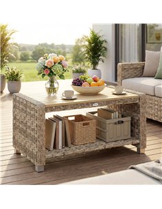Outsunny Outdoor Coffee Table with Storage Shelf, PE Rattan Side Table with Slatted Top and Foot Pads, Light Brown 2