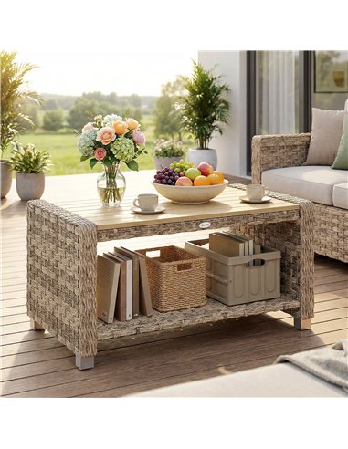 Outsunny Outdoor Coffee Table with Storage Shelf, PE Rattan Side Table with Slatted Top and Foot Pads, Light Brown