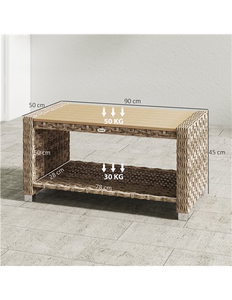 Outsunny Outdoor Coffee Table with Storage Shelf, PE Rattan Side Table with Slatted Top and Foot Pads, Light Brown - pic 180007 | FastDaddyshop