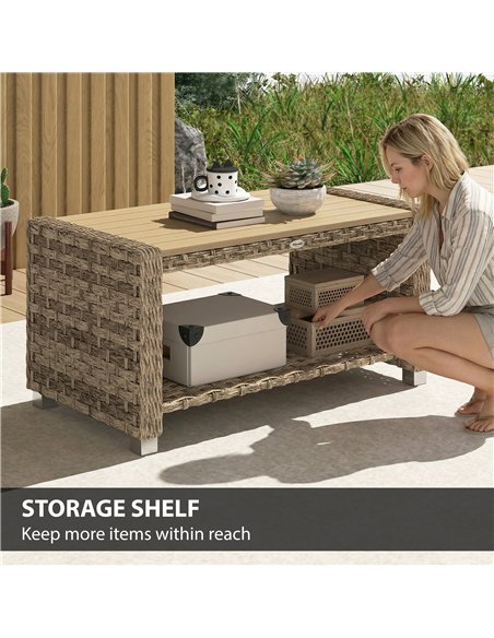 Outsunny Outdoor Coffee Table with Storage Shelf, PE Rattan Side Table with Slatted Top and Foot Pads, Light Brown - pic 180009 | FastDaddyshop