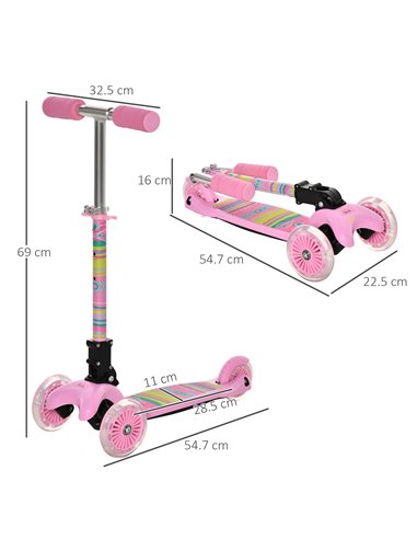 HOMCOM Kids Foldable Kick Scooter with 3 Flashing Wheels, Adjustable Height, for 3-8 Years, Pink