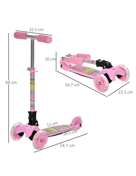 HOMCOM Kids Foldable Kick Scooter with 3 Flashing Wheels, Adjustable Height, for 3-8 Years, Pink - pic 18001 | FastDaddyshop
