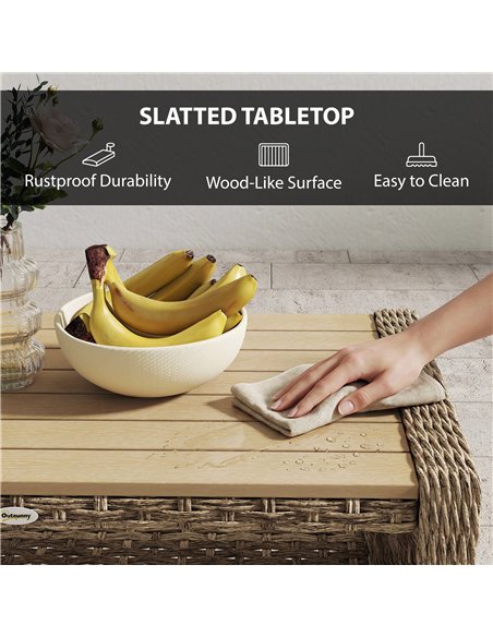 Outsunny Outdoor Coffee Table with Storage Shelf, PE Rattan Side Table with Slatted Top and Foot Pads, Light Brown - pic 180010 | FastDaddyshop
