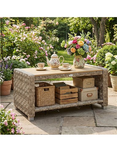 Outsunny Outdoor Coffee Table with Storage Shelf, PE Rattan Side Table with Slatted Top and Foot Pads, Light Brown