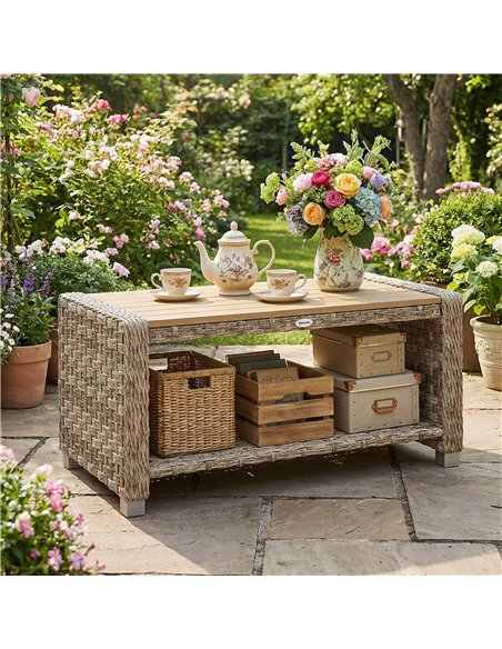 Outsunny Outdoor Coffee Table with Storage Shelf, PE Rattan Side Table with Slatted Top and Foot Pads, Light Brown - pic 180012 | FastDaddyshop