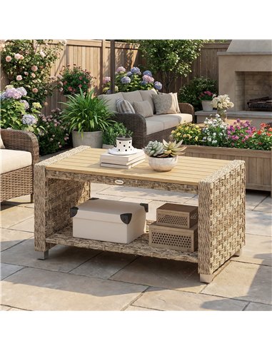 Outsunny Outdoor Coffee Table with Storage Shelf, PE Rattan Side Table with Slatted Top and Foot Pads, Light Brown