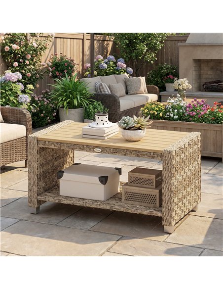 Outsunny Outdoor Coffee Table with Storage Shelf, PE Rattan Side Table with Slatted Top and Foot Pads, Light Brown - pic 180013 | FastDaddyshop