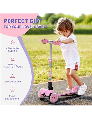 HOMCOM Kids Foldable Kick Scooter with 3 Flashing Wheels, Adjustable Height, for 3-8 Years, Pink