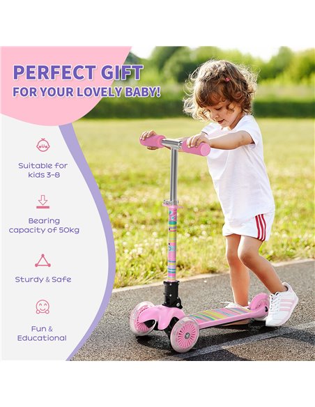 HOMCOM Kids Foldable Kick Scooter with 3 Flashing Wheels, Adjustable Height, for 3-8 Years, Pink - pic 18002 | FastDaddyshop
