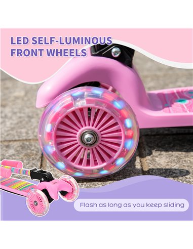 HOMCOM Kids Foldable Kick Scooter with 3 Flashing Wheels, Adjustable Height, for 3-8 Years, Pink