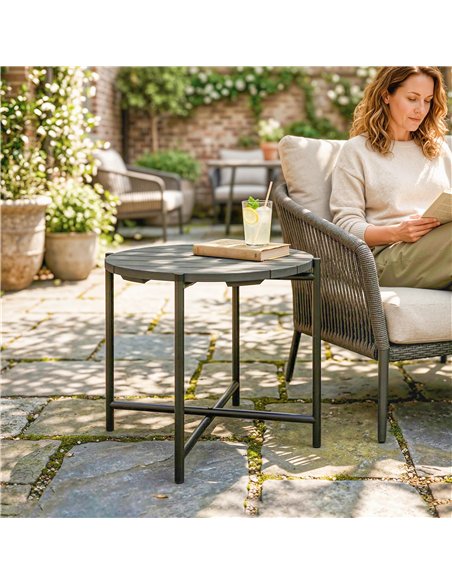 Outsunny 54 cm Round Outdoor Side Table, Industrial Small Garden Table with Slatted Wood Top and Metal Frame, Dark Grey - pic 180033 | FastDaddyshop