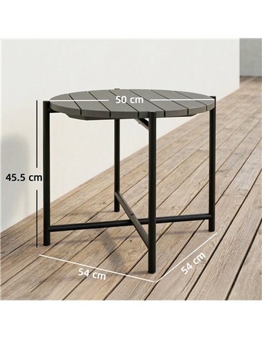 Outsunny 54 cm Round Outdoor Side Table, Industrial Small Garden Table with Slatted Wood Top and Metal Frame, Dark Grey
