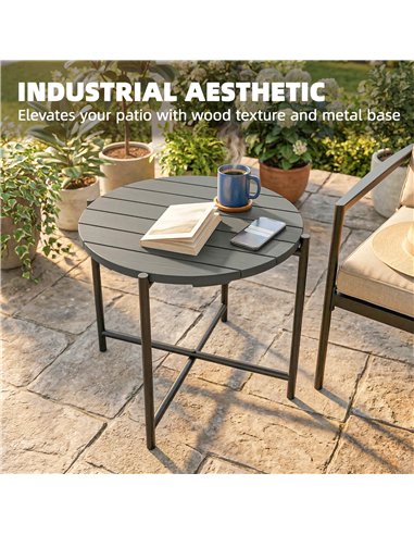 Outsunny 54 cm Round Outdoor Side Table, Industrial Small Garden Table with Slatted Wood Top and Metal Frame, Dark Grey