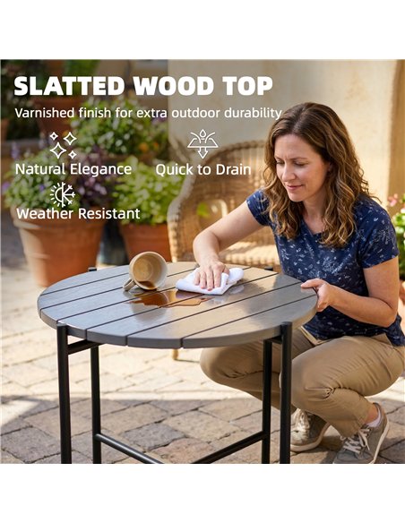 Outsunny 54 cm Round Outdoor Side Table, Industrial Small Garden Table with Slatted Wood Top and Metal Frame, Dark Grey - pic 180037 | FastDaddyshop