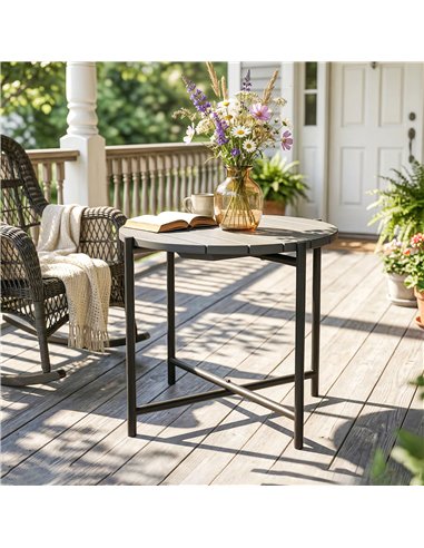 Outsunny 54 cm Round Outdoor Side Table, Industrial Small Garden Table with Slatted Wood Top and Metal Frame, Dark Grey
