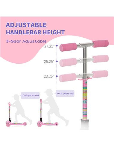 HOMCOM Kids Foldable Kick Scooter with 3 Flashing Wheels, Adjustable Height, for 3-8 Years, Pink
