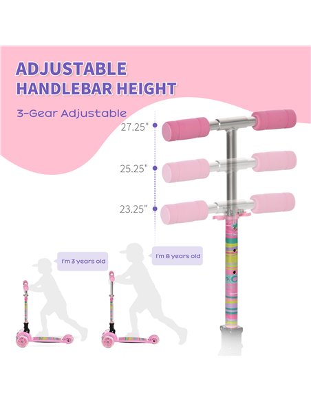 HOMCOM Kids Foldable Kick Scooter with 3 Flashing Wheels, Adjustable Height, for 3-8 Years, Pink - pic 18004 | FastDaddyshop