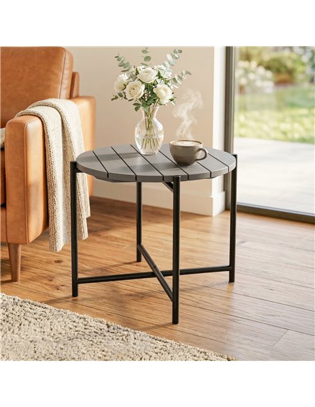 Outsunny 54 cm Round Outdoor Side Table, Industrial Small Garden Table with Slatted Wood Top and Metal Frame, Dark Grey - pic 180040 | FastDaddyshop
