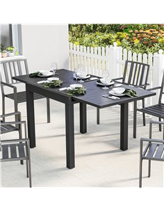 Outsunny Extending Garden Table for 4-6, Aluminium Outdoor Dining Table with Faux Wood Slatted Top, Black 2