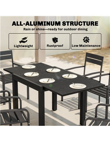 Outsunny Extending Garden Table for 4-6, Aluminium Outdoor Dining Table with Faux Wood Slatted Top, Black