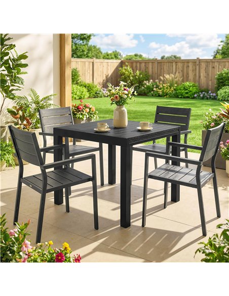 Outsunny Extending Garden Table for 4-6, Aluminium Outdoor Dining Table with Faux Wood Slatted Top, Black - pic 180048 | FastDaddyshop