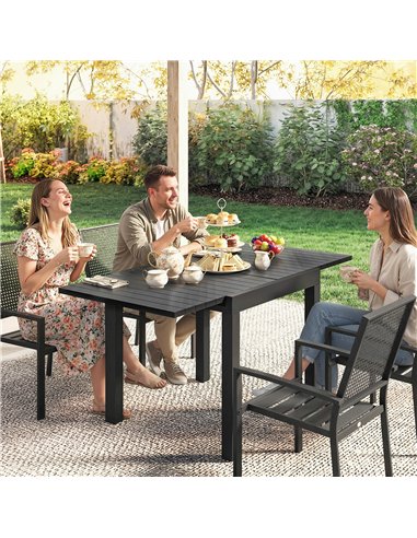 Outsunny Extending Garden Table for 4-6, Aluminium Outdoor Dining Table with Faux Wood Slatted Top, Black