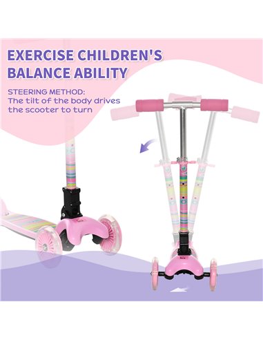 HOMCOM Kids Foldable Kick Scooter with 3 Flashing Wheels, Adjustable Height, for 3-8 Years, Pink