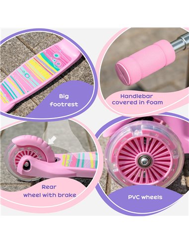HOMCOM Kids Foldable Kick Scooter with 3 Flashing Wheels, Adjustable Height, for 3-8 Years, Pink