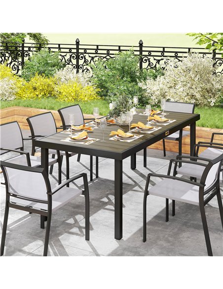 Outsunny Aluminium Outdoor Garden Dining Table for 8 People, Faux Wood Top, for Garden, Patio, 190 x 90 x 74cm, Brown - pic 180085 | FastDaddyshop