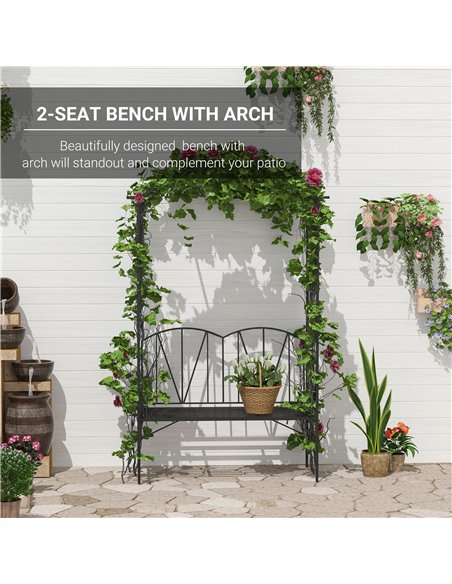 Outsunny Garden Bench, 2 Seater Outdoor Patio Bench, Metal Garden Loveseat with Arch for Vines and Climbing Plants, Black - pic 180089 | FastDaddyshop