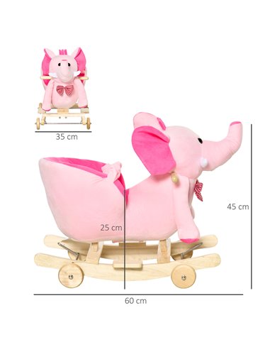 HOMCOM 2 In 1 Plush Elephant Rocker with Wheels, 32 Songs, Pink