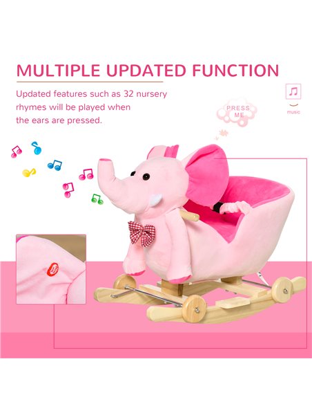 HOMCOM 2 In 1 Plush Elephant Rocker with Wheels, 32 Songs, Pink - pic 18011 | FastDaddyshop