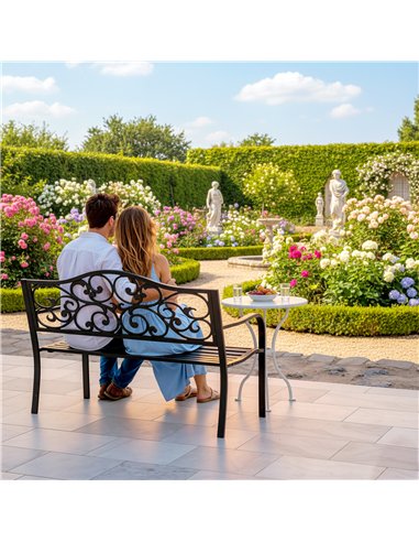 Outsunny Metal Garden Bench with Floral Backrest and Armrests - Black