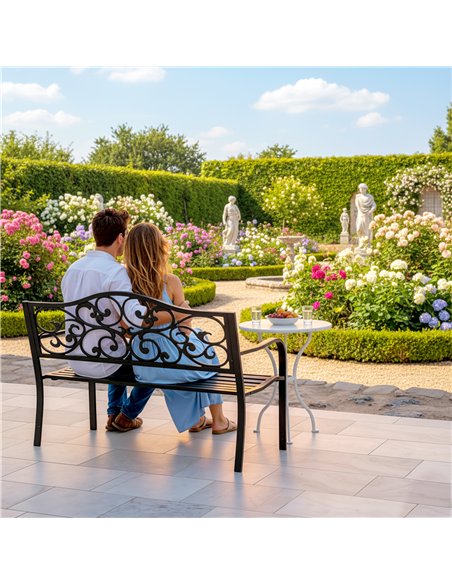 Outsunny Metal Garden Bench with Floral Backrest and Armrests - Black - pic 180110 | FastDaddyshop