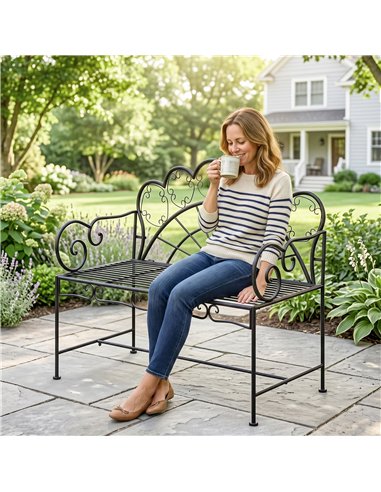 Outsunny Metal Garden Bench Loveseat with Slatted Seat, Black