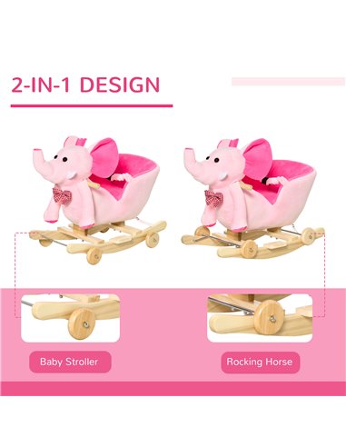 HOMCOM 2 In 1 Plush Elephant Rocker with Wheels, 32 Songs, Pink
