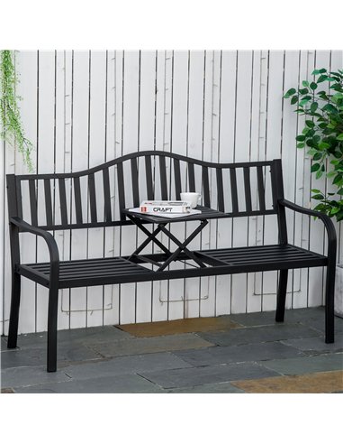 Outsunny Metal Outdoor Bench with Liftable Middle Table, Patio Loveseat, Garden Bench for Garden, Porch, Seats 2–3 People, Black